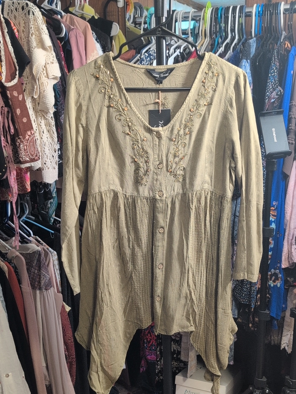 Gravel Green Embroidered Button Front Sharkbite Top NWT.